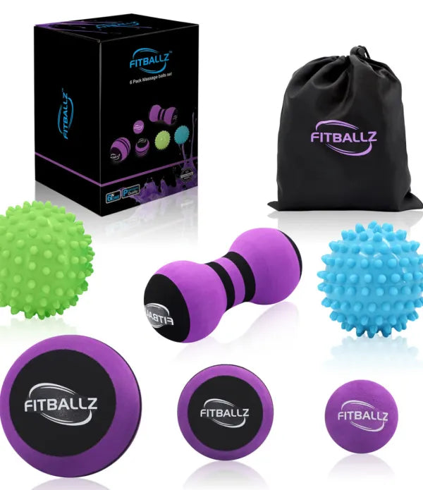 The six Fitballz massage balls with the gift box and carry bag
